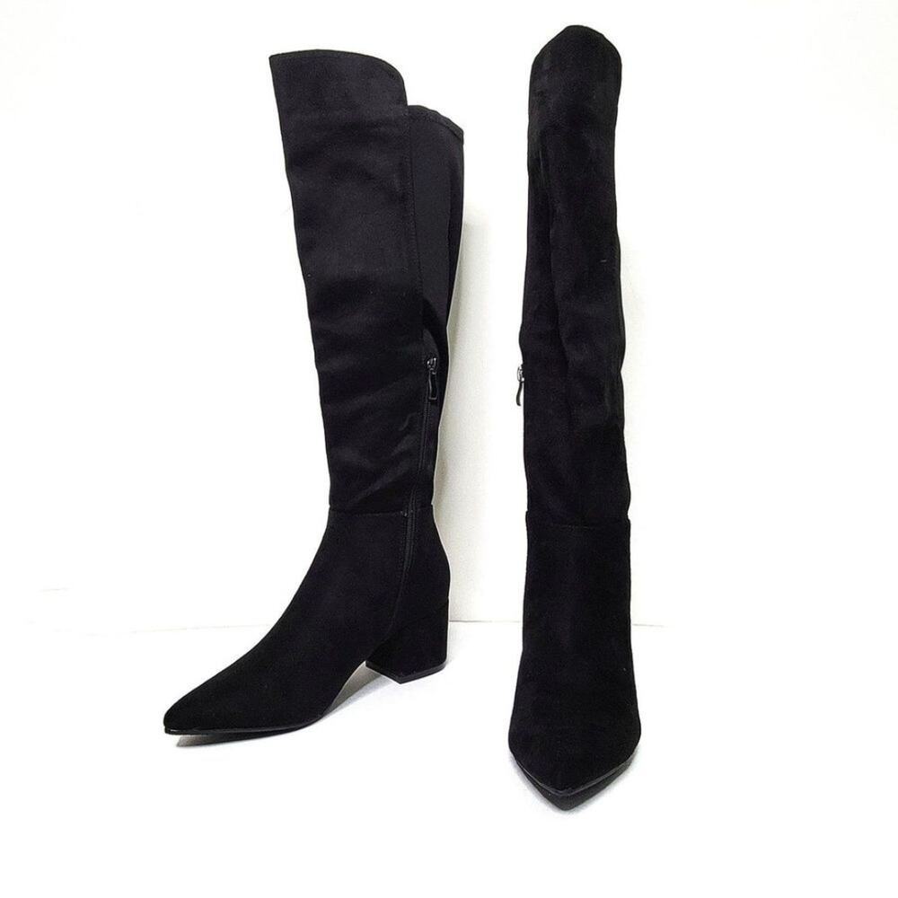 Black Faux Suede Panel Knee-High Boots